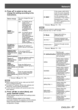 Page 67Network
ENGLISH - 67
Settings
Press ▲▼ to select an item, and 
2  ) 
change the setting according to the 
instructions.
Name change You can change the user 
name.
DHCP 
(DHCP client 
function)
ON: If a DHCP server 
exists in the 
network to which 
the projector is 
connected, the 
IP address will 
automatically be 
acquired.
OFF: If a DHCP server 
does not exist in 
the network to 
which the projector 
is connected, 
additionally set [IP 
address  
], [Subnet 
mask ] and 
[Default gateway ].
IP...