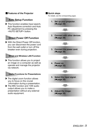 Page 9ENGLISH - 9
 This function enables Input search, 
Auto Keystone correction and Auto 
PC adjustment by pressing the 
 button.
 With the Direct Power Off function, 
you can disconnect the power cord 
from the wall outlet or turn off the 
breaker even during projection.
 This function allows you to project 
an image on a computer as well as 
operate and manage the projector 
via network. 
 The digital zoom function allows 
    you to focus on the crucial 
     information during a presentation.
 The MIC...