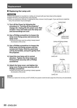 Page 96Replacement
96 - ENGLISH
Maintenance
 
JReplacing the Lamp unit
CAUTION:
When the projector is mounted on a ceiling, do not work with your face c\
lose to the projector.
 
z
Attach the lamp unit and the lamp cover securely. 
z
When you experience difficulty in installing the lamp, remove it and try again. If you use force to install the  
z
lamp, the connector may be damaged.
Turn off the Power by following the 
1  ) 
procedure in “Turning off the projector” 
(
Æpage 34). Unplug the AC power cord. Wait...