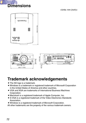 Page 7272
Trademark acknowledgements
BThe SD logo is a trademark.
BWindows is a trademark or registered trademark of Microsoft Corporation
in the United States of America and other countries.
BVGA and XGA are trademarks of International Business Machines
Corporation.
BMacintosh is a registered trademark of Apple Computer, Inc.
BS-VGA is a registered trademark of the Video Electronics Standards
Association.
BWindows is a registered trademark of Microsoft Corporation.
All other trademarks are the property of the...