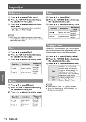 Page 46Image adjust
46 - ENGLISH
Settings
Color temp.
Press ▲▼ to select [Color temp.].1 ) 
Press the  button to display 2 ) 
the adjustment dialog box.
Press ◄► to select the desired Color 3 ) 
temp. level.
You can select the desired [Color temp.] from  z
[XLow], [Low], [Mid] or [High].
Note
[Color temp.] level displays [Blackbord] or [Colorboard]  z
when the [Blackboard(Green)] or [Colorboard] is selected 
in the [Image select] menu.
Red 
Press ▲▼ to select [Red].1 ) 
Press the  button to display 2 ) 
the...