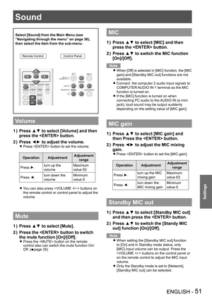 Page 51ENGLISH - 51
Settings
Sound
Select [Sound] from the Main Menu (see 
“Navigating through the menu” on page 36), 
then select the item from the sub-menu.
Remote ControlControl Panel
Volume
Press ▲▼ to select [Volume] and then 1 ) 
press the  button.
Press ◄► to adjust the volume.2 ) 
Press  button to set the volume. z
OperationAdjustmentAdjustment 
range
Press ►.turn up the 
volume
Maximum 
value 63
Press ◄.turn down the 
volume
Minimum 
value 0
You can also press  buttons on  z
the remote control or...