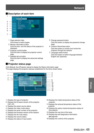 Page 65Network
ENGLISH - 65
Settings
Description of each item  J
1 Page selection tabs
  Click these to switch pages.
2 Monitor information button 
Click this item, and the status of the projector is 
displayed.
3 Projector control button 
Click this item to display the projector control 
page.
4 Detailed set up button 
Click this item to display the advanced settings 
page.
5 Change password button
    Click this button to display the password change 
page.
6  Crestron RoomView button
    Click this button to...