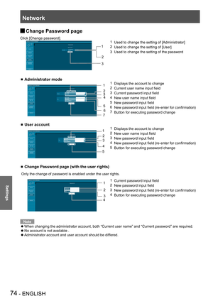 Page 74Network
74 - ENGLISH
Settings
Change Password page  J
Click [Change password].
  
1 Used to change the setting of [Administrator]
2 Used to change the setting of [User]
3  Used to change the setting of the password
 Administrator mode 
1 Displays the account to change
2 Current user name input field
3 Current password input field
4 New user name input field
5 New password input field
6 New password input field (re-enter for confirmation)
7 Button for executing password change
 User account
1 Displays...