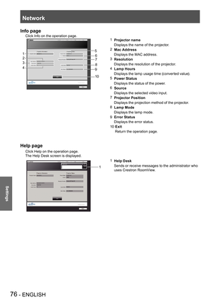 Page 76Network
76 - ENGLISH
Settings
Info page
Click Info on the operation page.
1 Projector name
    Displays the name of the projector.
2 Mac Address
    Displays the MAC address.
3 Resolution
    Displays the resolution of the projector.
4 Lamp Hours
    Displays the lamp usage time (converted value).
5 Power Status
    Displays the status of the power.
6 Source
    Displays the selected video input.
7 Projector Position
    Displays the projection method of the projector.
8 Lamp Mode
    Displays the lamp...