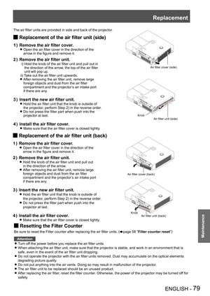 Page 79Replacement
ENGLISH - 79
Maintenance
Resetting the Filter Counter J
Be sure to reset the Filter counter after replacing the air filter units. (Æpage 58 "Filter counter reset")
Attention
Turn off the power before you replace the air filter units. z
When attaching the air filter unit, make sure that the projector is stable, and work in an environment that is  z
safe, even in the event of the air filter unit dropping.
Do not operate the projector with the air filter units removed. Dust may...