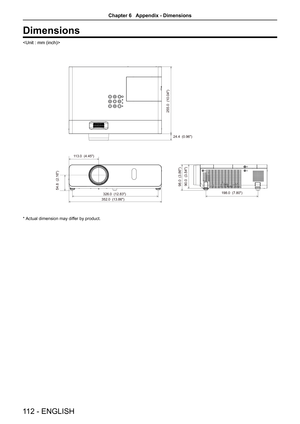 Page 112Dimensions

113.0  (4.45)
255.0  (10.04)
352.0  (13.86)24.4  (0.96)
98.0  (3.86)
90.0  (3.54)
326.0  (12.83) 198.0  (7.80)
54.8  (2.16)
Actual dimension may differ by product.* 
112 - ENGLISH
Chapter 6   Appendix - Dimensions 