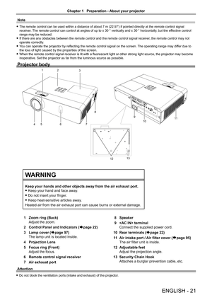 Page 21Zoom ring (Back)1 
Adjust the zoom.
Control Panel and Indicators (2 Æpage 22)
Lamp cover (3 Æpage 97)
The lamp unit is located inside.
Projection Lens4 
Focus ring (Front)5 
Adjust the focus.
Remote control signal receiver6  
Air exhaust port7 
Speaker8 
 terminal 9 
Connect the supplied power cord.
Rear terminals (10 Æpage 22)
Air intake port / Air filter cover (11 Æpage 95) 
The air filter unit is inside.
Adjustable feet 12 
Adjust the projection angle.
Security Chain Hook 13 
Attaches a burglar...