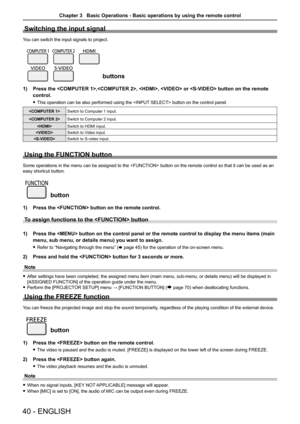 Page 40Switching the input signal
You can switch the input signals to project.
 buttons
Press the ,, ,  or  button\
 on the remote 1) 
control.
This operation can be also performed using the  button on the control panel. f
Switch to Computer 1 input.
Switch to Computer 2 input. 
 Switch to HDMI input.
Switch to Video input. 
Switch to S-video input.
Using the FUNCTION button
Some operations in the menu can be assigned to the  button on the remote control so that it can be used as an 
easy shortcut button....