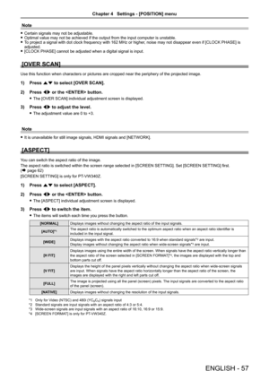 Page 57Note
Certain signals may not be adjustable. fOptimal value may not be achieved if the output from the input computer is unstable. fTo project a signal with dot clock frequency with 162 MHz or higher, noise may not disappear even if [CLOCK PHASE] is  fadjusted.[CLOCK PHASE] cannot be adjusted when a digital signal is input.  f
[OVER SCAN]
Use this function when characters or pictures are cropped near the perip\
hery of the projected image.
Press 1) as to select [OVER SCAN].
Press 2) qw or the  button.
The...