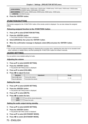 Page 70[VX500 SERIES]VW435N series, VW440 series, VW430 series, VX505N series, VX510 series, VX500 series, VW330 series, VX400NT series, VX400 series, VX41 series  
[EZ570 SERIES]EZ570 series, EW630 series, EW530 series, EX600 series,  EX500 series
[VW431D]VW431D series
Press the  button.4) 
[FUNCTION BUTTON]
The function assigned to the  button of the remote control is displayed. You can also release the assigned 
setting.
Releasing assigned function to the  button
Press 1) as to select [FUNCTION BUTTON]....