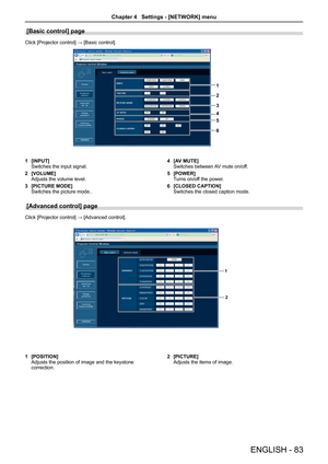 Page 83[Basic control] page 
Click [Projector control] → [Basic control].
1
2
5
6 3
4
[INPUT]1 Switches the input signal.
[VOLUME]2 Adjusts the volume level.
[PICTURE MODE]3 Switches the picture mode..
[AV MUTE]4 Switches between AV mute on/off.
[POWER]5 Turns on/off the power.
[CLOSED CAPTION]6 Switches the closed caption mode.
[Advanced control] page
Click [Projector control] → [Advanced control].
12
[POSITION]1 Adjusts the position of image and the keystone correction.
[PICTURE]2 Adjusts the items of image....