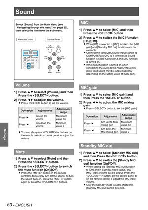 Page 50Sound
50 - ENGLISH
Settings
Sound
Select [Sound] from the Main Menu (see 
“Navigating through the menu” on page 35), 
then select the item from the sub-menu.
Remote ControlControl Panel
Volume
Press ▲▼ to select [Volume] and then 1 ) 
Press the  button.
Press ◄► to adjust the volume.2 ) 
Press  button to set the volume. z
OperationAdjustmentAdjustment 
range
Press ►.turn up the 
volume
Maximum 
value 63
Press ◄.turn down the 
volume
Minimum 
value 0
You can also press  buttons on  z
the remote control or...