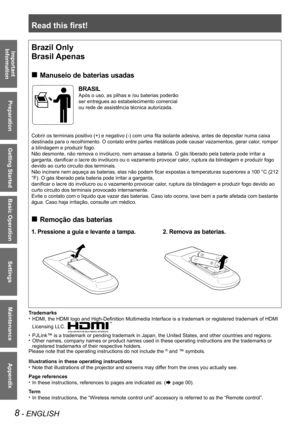 Page 8Read this first!
8 - ENGLISH
Important 
 
Information
Preparation
Getting Started
Basic Operation
Settings
Maintenance
Appendix
Trademarks
HDMI, the HDMI logo and High-Definition Multimedia Interface is a trademark or registered trademark of HDMI • 
Licensing LLC. 
PJLink™ is a trademark or pending trademark in Japan, the United Stat\
es, and other countries and regions.• 
Other names, company names or product names used in these operating inst\
ructions are the trademarks or • 
registered trademarks of...