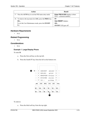 Page 101Section 700 - Operation Chapter 7. SLT Features
576-50-700 DBS 576HD (USA) issued September 2001 4-19
Hardware Requirements
•N/A
Related Programming
•N/A
Considerations
•N/A
Example 1. Large-Display Phone
To  e n t e r  D:
a.  Press the first soft key on the top left.
b.  Press the fourth FF key from the left on the bottom row.
To  e n t e r  o:
a.  Press the third soft key from the top right.
17.   Press the AUTO key to exit the PSD name entry mode.   Enter PSD # XXX displays (where 
XXX = extension...