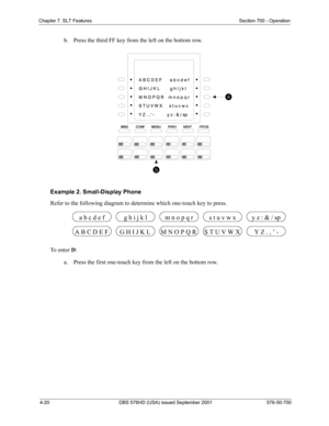 Page 1024-20 DBS 576HD (USA) issued September 2001 576-50-700
Chapter 7. SLT Features Section 700 - Operation
b.  Press the third FF key from the left on the bottom row.
Example 2. Small-Display Phone
Refer to the following diagram to determine which one-touch key to press.
To  e n t e r  D:
a.  Press the first one-touch key from the left on the bottom row.
G H I J K L M N O P Q R S T U V W X A B C D E F Y Z . , ’ -
a b c d e fg h i j k lm n o p q rs t u v w xy z : & / sp 