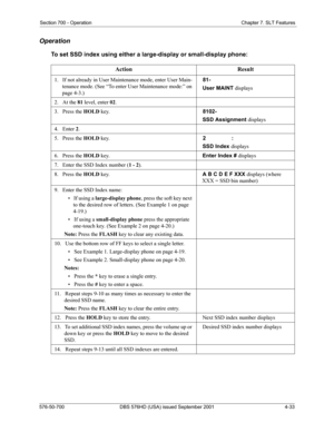 Page 115Section 700 - Operation Chapter 7. SLT Features
576-50-700 DBS 576HD (USA) issued September 2001 4-33
Operation
To set SSD index using either a large-display or small-display phone:
Action Result
1.   If not already in User Maintenance mode, enter User Main-
tenance mode. (See “To enter User Maintenance mode:” on 
page 4-3.)  81-
  User MAINT displays
2.   At the 81 level, enter 02.  
3.   Press the HOLD key.  8102-
  SSD Assignment displays
4.   Enter 2.  
5.   Press the HOLD key.  2  : 
  SSD Index...
