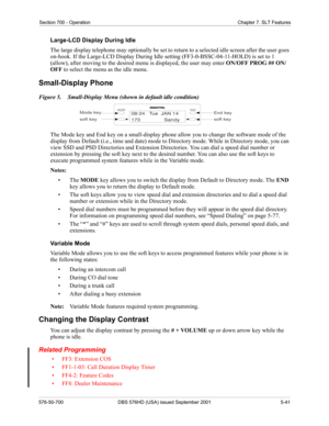 Page 163Section 700 - Operation Chapter 7. SLT Features
576-50-700 DBS 576HD (USA) issued September 2001 5-41
Large-LCD Display During Idle
The large display telephone may optionally be set to return to a selected idle screen after the user goes 
on-hook. If the Large-LCD Display During Idle setting (FF3-0-BSSC-04-11-HOLD) is set to 1 
(allow), after moving to the desired menu is displayed, the user may enter ON/OFF PROG ## ON/
OFF to select the menu as the idle menu.
Small-Display Phone
Figure 5.  Small-Display...