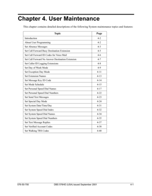 Page 83576-50-700 DBS 576HD (USA) issued September 2001 4-1
Chapter 4. User Maintenance
This chapter contains detailed descriptions of the following System maintenance topics and features: 
Topic Page
Introduction 4-2
About User Programming 4-2
Set Absence Messages 4-3
Set Call Forward Busy Destination Extension 4-5
Set Call Forward ID Codes for Voice Mail 4-6
Set Call Forward No Answer Destination Extension 4-7
Set Caller ID Logging Extensions 4-8
Set Day of Week Mode 4-9
Set Exception Day Mode 4-11
Set...