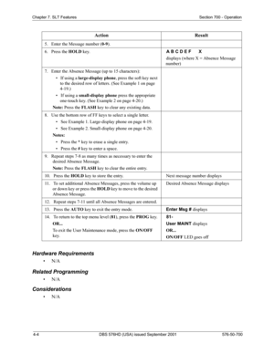 Page 864-4 DBS 576HD (USA) issued September 2001 576-50-700
Chapter 7. SLT Features Section 700 - Operation
Hardware Requirements
•N/A
Related Programming
•N/A
Considerations
•N/A
5.   Enter the Message number (0-9).   
6.   Press the HOLD key.  A B C D E F  X
  displays (where X = Absence Message 
number)
7.   Enter the Absence Message (up to 15 characters):
•   If using a large-display phone, press the soft key next 
to the desired row of letters. (See Example 1 on page 
4-19.)
•   If using a small-display...