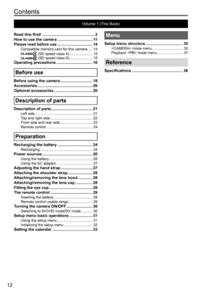 Page 1212
Read this first! ................................................ 2
How to use the camera ................................ 11
Please read before use
 ................................ 14Compatible memory card for this camera ..... 14 (SD speed class 4) ....................... 15 (SD speed class 6) ....................... 15Operating precautions ................................. 16
Before use
Before using the camera.............................. 18
Accessories...