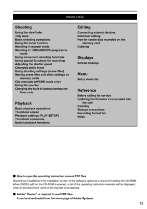 Page 1313
 
Volume	2	(CD)
Shooting
Using the viewfinder
Tally lamp
Basic shooting operations
Using the zoom function
Shooting in manual mode
Shooting in 1080i/480i/576i progressive mode
Using convenient shooting functions
Using special functions for recording
Adjusting the shutter speed
Changing audio input
Using shooting settings (scene files)
Storing scene files and other settings on  memory cards
Clip metadata (AVCHD mode only)
Using the counter
Charging the built-in battery/setting the  time code
Playback...