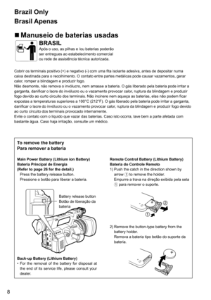 Page 88
To remove the battery
Para remover a bateria
Main Power Battery (Lithium ion Battery)
Bateria Principal de Energia
(Refer to page
 26 for the detail.)
Press the battery release button.
Pressione o botão para liberar a bateria.
Back-up Battery (Lithium Battery)
•	 For  the 

removal  of  the  battery  for  disposal  at 
the  end  of  its  service  life,  please  consult  your 
dealer.
Battery release button
Botão de liberação da 
bateria
Remote Control Battery (Lithium Battery)
Bateria do Controle...