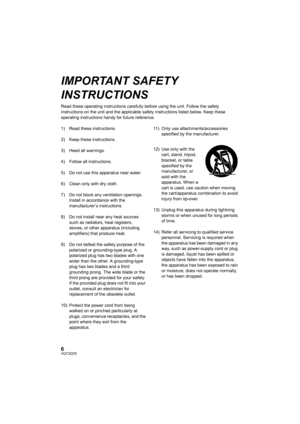 Page 66VQT3Q78
IMPORTANT SAFETY 
INSTRUCTIONS
Read these operating instructions carefully before using the unit. Follow the safety 
instructions on the unit and the applicable safety instructions listed below. Keep these 
operating instructions handy for future reference.
1) Read these instructions.
2) Keep these instructions.
3) Heed all warnings.
4) Follow all instructions.
5) Do not use this apparatus near water.
6) Clean only with dry cloth.
7) Do not block any ventilation openings. 
Install in accordance...