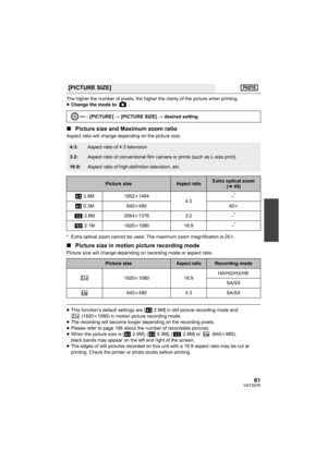 Page 6161VQT3Q78
The higher the number of pixels, the higher the clarity of the picture when printing.
≥Change the mode to  .
∫Picture size and Maximum zoom ratio
Aspect ratio will change depending on the picture size.
* Extra optical zoom cannot be used. The maximum zoom magnification is 20k.
∫Picture size in motion picture recording mode
Picture size will change depending on recording mode or aspect ratio.
≥This function’s default settings are [ 2.9M] in still picture recording mode and 
 (1920k1080) in...