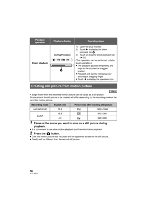 Page 6868VQT3Q78
A single frame from the recorded motion picture can be saved as a still picture.
Picture size of the still picture to be created will differ depending on the recording mode of the 
recorded motion picture.
1Pause at the scene you want to save as a still picture during 
playback.
≥It is convenient to use slow-motion playback and frame-by-frame playback.
2Press the   button.≥Date the motion picture was recorded will be registered as date of the still picture.
≥Quality will be different from the...