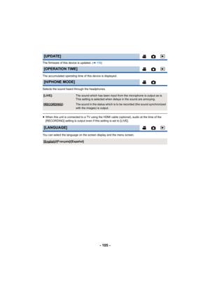 Page 105- 105 -
The firmware of this device is updated. (l11 6 )
The accumulated operating time of this device is displayed.
Selects the sound heard through the headphones.
≥ When this unit is connected to a TV using the HDMI cable (optional), audio at the time of the 
[RECORDING] setting is output even if this setting is set to [LIVE].
You can select the language on the screen display and the menu screen.
[UPDATE]
[OPERATION TIME]
[H/PHONE MODE]
[LIVE]:The sound which has been input from the microphone is...