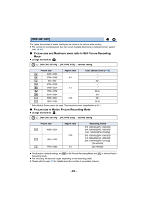 Page 63- 63 -
The higher the number of pixels, the higher the clarity of the picture when printing.
≥The number of recording pixels that can be set changes depending on selected screen aspect 
ratio. (l 64)
∫ Picture size and Maximum zoom ratio in Still Picture Recording 
Mode
≥Change the mode to  .
* Extra Optical Zoom cannot be used. The maximum zoom magnification is 21 k.
∫ Picture size in Motion Picture Recording Mode
≥Change the mode to  .
≥This function’s default settings are   in Still Picture Recording...