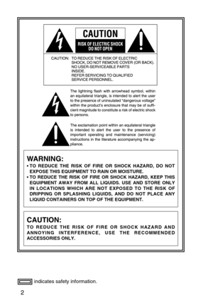 Page 22
WARNING:
• TO REDUCE THE RISK OF FIRE OR SHOCK HAZARD, DO NOT
EXPOSE THIS EQUIPMENT TO RAIN OR MOISTURE. 
• TO REDUCE THE RISK OF FIRE OR SHOCK HAZARD, KEEP THIS
EQUIPMENT AWAY FROM ALL LIQUIDS. USE AND STORE ONLY
IN LOCATIONS WHICH ARE NOT EXPOSED TO THE RISK OF
DRIPPING OR SPLASHING LIQUIDS, AND DO NOT PLACE ANY
LIQUID CONTAINERS ON TOP OF THE EQUIPMENT.
CAUTION:
TO REDUCE THE RISK OF FIRE OR SHOCK HAZARD AND
ANNOYING INTERFERENCE, USE THE RECOMMENDED
ACCESSORIES ONLY.
indicates safety information. 