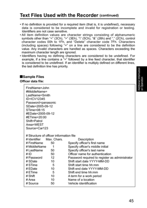 Page 4545
Additional Information 
on Operation
•  If no definition is provided for a required item (that is, it is undefined), necessary 
data is considered to be incomplete and invalid for registration or testing. 
Identifiers are not case sensitive.
•  All item definition values are character strings consisting of alphanumeric 
symbols other than “” (3Eh), “\” (5Ch), “&” (26h) and “,” (2Ch), control 
character codes 00h to 1Fh, and “Delete” character code 7Fh. Characters 
(including spaces) following “=” on a...