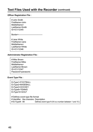 Page 4646
Officer Registration File :
# John Smith
FirstName=John
MiddleName=
LastName=Smith
ID=ICV12345
Border=------------------------------------
# Jane White
FirstName=Jane
MiddleName=
LastName=White
ID=ICV12346
# Mike Brown
FirstName=Mike
MiddleName=
LastName=Brown
ID=ICV12347
Password=panasonic Administrator Registration File :
Text Files Used with the Recorder (continued)
EvType1=FOOTBALL
EvType2=BASEBALL
EvType3=HOCKEY
EvType6=TENNIS
EvType10=GOLF
# Defines event type file format
# Identifier...