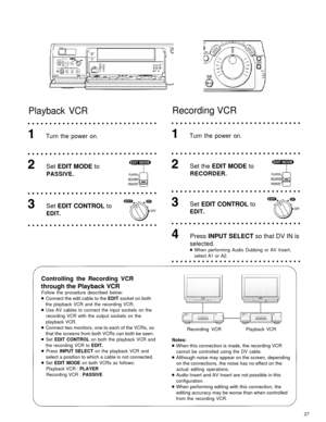 Page 27Playback VCRRecording VCR
Turn the power on.Turn the power on.
Set EDIT MODE to
PASSIVE.
Set EDIT CONTROL to
EDIT.
Controlling the Recording VCR
through the Playback VCR
Follow the procedure described below:
Connect the edit cable to the EDIT socket on both
the playback VCR and the recording VCR.
Use AV cables to connect the input sockets on the
recording VCR with the output sockets on the
playback VCR.
Connect two monitors, one to each of the VCRs, so
that the screens from both VCRs can both be seen....