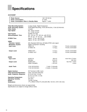 Page 75Specifications
AG-DV2000P
Power Source:
Power Consumption:
Power Consumption When in Standby Mode:
120 V AC 60 Hz
27 watts
Approx. 7 watts
Video Recording System:
Audio Recording System:
Video Heads:
Tape Speed:
Tape Format:
Record/Playback Time:
FF/REW Time:
VIDEO
Television System:
Modulation System:
Input Level:
Output Level:
AUDIO
Input Level:
Output Level:
Audio Track:
Digital Interface:
Video Horizontal Resolution:
Audio Frequency Response:
Operating Temperature:
Operating Humidity:
Weight:...