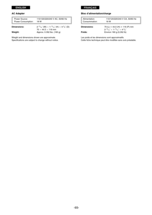 Page 93FRANÇAISENGLISH
-93-
AC Adapter
Power Source: 110/120/220/240 V AC, 50/60 Hz
Power Consumption: 18 W
Dimensions:2-
13/16˝ (W) I1-13/16˝ (H) I4-5/8˝ (D)
70 I44.5 I116 mm 
Weight:Approx. 0.352 lbs. (160 g)
Weight and dimensions shown are approximate.
Specifications are subject to change without notice.
Bloc d’alimentation/charge
Alimentation: 110/120/220/240 V CA, 50/60 Hz
Consommation: 18 W
Dimensions:70 (L) q 44,5 (H) q 116 (P) mm
2-
13/16˝ I1-13/16˝ I4-5/8˝
Poids:Environ 160 g (0,352 lb)
Les poids et...