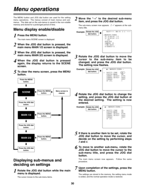 Page 3130
Menu operations
The  MENU  button  and  JOG  dial  button  are  used  for  the  setting
menu  operations.    The  menus  consist  of  main  menus  and  sub-
menus.  The data set on the sub-menus is saved in the non-volatile
memory and stored for a prolonged period of time.
Menu display enable/disable
Displaying sub-menus and
deciding on settings
1Press the MENU button.
1Rotate  the  JOG  dial  button  while  the  main
menu is displayed.
2When  the  JOG  dial  button  is  pressed,  the
main menu MAIN...