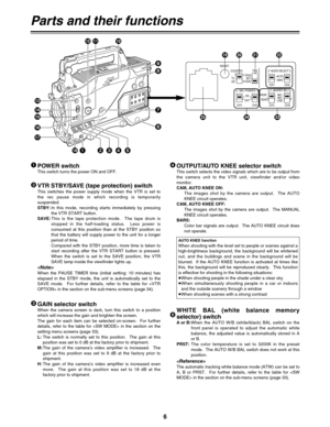 Page 7Parts and their functions
1POWER switchThis switch turns the power ON and OFF.
4OUTPUT/AUTO KNEE selector switchThis switch selects the video signals which are to be output from
the  camera  unit  to  the  VTR  unit,  viewfinder  and/or  video
monitor.
CAM, AUTO KNEE ON:
The  images  shot  by  the  camera  are  output.    The  AUTO
KNEE circuit operates.
CAM, AUTO KNEE OFF:
The  images  shot  by  the  camera  are  output.    The  MANUAL
KNEE circuit operates.
BARS:
Color  bar  signals  are  output....