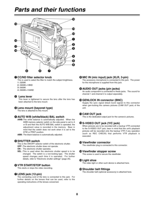 Page 98
Parts and their functions
4
1
2
3
= @
5
6
>
7 8 9 : ?
; <
4AUTO W/B (white/black) BAL switchAWB:The  white  balance  is  automatically  adjusted.    When  the
AWB memory selector switch on the side panel is set to A
or B and then the AUTO W/B BAL switch is operated, the
adjustment  value  is  recorded  in  the  memory.    Bear  in
mind  that  the  switch  does  not  work  when  it  is  set  to  the
ATW or PRST position.
ABB:The black balance is automatically adjusted.
1CC/ND filter selector knobThis is...