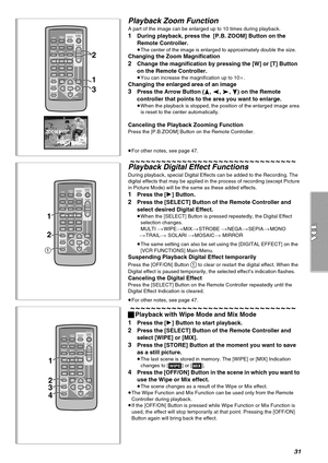 Page 3131
Playback Zoom Function
A part of the image can be enlarged up to 10 times during playback.
1During playback, press the  [P.B. ZOOM] Button on the 
Remote Controller.
≥The center of the image is enlarged to approximately double the size.
Changing the Zoom Magnification
2Change the magnification by pressing the [W] or [T] Button 
on the Remote Controller.
≥You can increase the magnification up to 10a.
Changing the enlarged area of an image
3Press the Arrow Button (π, ∑, ∏, ∫) on the Remote 
controller...