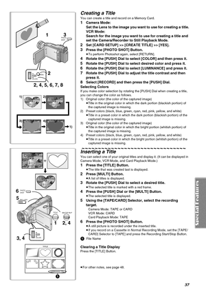 Page 3737
2, 4, 5, 6, 7, 82
1) 2)
4)
1) 3)
13PHOTO
SHOT
MENU
VOL/JOGPUSH
r
1
TITLE
USR00002.TTL
TITLE
1 5
2, 4
MULTI/P-IN-P
3, 46
TAPE CARD
PHOTO
SHOT
VOL/JOGPUSH
Creating a Title
You can create a title and record on a Memory Card.
1Camera Mode: 
Set the Lens to the image you want to use for creating a title.
VCR Mode:
Search for the image you want to use for creating a title and 
set the Camera/Recorder to Still Playback Mode.
2Set [CARD SETUP] >> [CREATE TITLE] >> [YES].
3Press the [PHOTO SHOT] Button.
≥To...