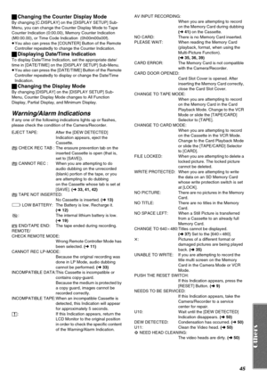 Page 4545
ªChanging the Counter Display Mode
By changing [C.DISPLAY] on the [DISPLAY SETUP] Sub-
Menu, you can change the Counter Display Mode to Tape 
Counter Indication (0:00.00), Memory Counter Indication 
(M0:00.00), or Time Code Indication  (0h00m00s00f).
≥You also can press the [COUNTER] Button of the Remote 
Controller repeatedly to change the Counter Indication.
ªDisplaying Date/Time Indication
To display Date/Time Indication, set the appropriate date/
time in [DATE/TIME] on the [DISPLAY SETUP]...