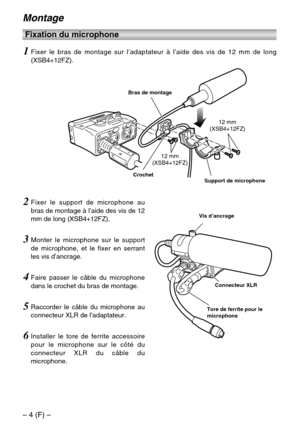 Page 16– 4 (F) –
12 mm
(XSB4+12FZ)12 mm
(XSB4+12FZ)
Support de microphone Crochet
3Monter le microphone sur le support
de microphone, et le fixer en serrant
les vis d’ancrage.
5Raccorder le câble du microphone au
connecteur XLR de l’adaptateur.
4Faire passer le câble du microphone
dans le crochet du bras de montage.
Montage
Fixation du microphone
Bras de montage
1Fixer le bras de montage sur l’adaptateur à l’aide des vis de 12 mm de long
(XSB4+12FZ).
2Fixer le support de microphone au
bras de montage à l’aide...