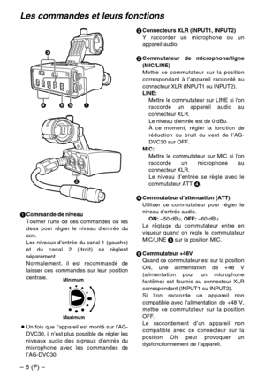 Page 18– 6 (F) –
Les commandes et leurs fonctions
1Commande de niveau
Tourner l’une de ces commandes ou les
deux pour régler le niveau d’entrée du
son.
Les niveaux d’entrée du canal 1 (gauche)
et du canal 2 (droit) se règlent
séparément.
Normalement, il est recommandé de
laisser ces commandes sur leur position
centrale.2Connecteurs XLR (INPUT1, INPUT2)
Y raccorder un microphone ou un
appareil audio.
3Commutateur de microphone/ligne
(MIC/LINE)
Mettre ce commutateur sur la position
correspondant à l’appareil...