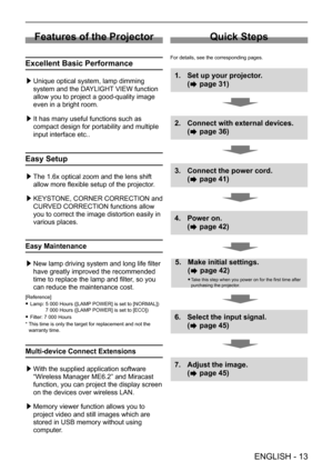 Page 13Features of the Projector
Excellent Basic Performance
 ▶Unique optical system, lamp dimming 
system and the DAYLIGHT VIEW function 
allow you to project a good-quality image 
even in a bright room.
 ▶It has many useful functions such as 
compact design for portability and multiple 
input interface etc..
Easy Setup
 ▶The 1.6x optical zoom and the lens shift 
allow more flexible setup of the projector.
 ▶KEYSTONE, CORNER CORRECTION and 
CURVED CORRECTION functions allow 
you to correct the image distortion...