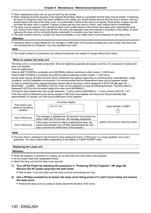 Page 130 fWhen replacing the lamp unit, be sure to hold it by the handle. fWhen replacing the lamp because it has stopped illuminating, there is a possibility that the lamp may be broken. If replacing the lamp of a projector which has been installed on the ceiling, you sho\
uld always assume that the lamp is broken, and you should stand to the side of the lamp cover, not underneath it. Remove the lamp cover gently. Small pieces of glass may fall out when the lamp cover is opened. If pieces of glass get into your...