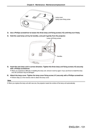 Page 131Lamp cover
Lamp cover fixing screw
3) Use a Phillips screwdriver to loosen the three lamp unit fixing screws (\
×3) until they turn freely.
4) Hold the used lamp unit by its handles, and pull it gently from the proj\
ector.
Lamp unit fixing screwsHandles
5) Insert the new lamp unit in correct direction. Tighten the three lamp unit fixing screws (×3) securely 
with a Phillips screwdriver.
 fWhen you experience difficulty in installing the lamp unit, remove it and try again. If you use force to install the...