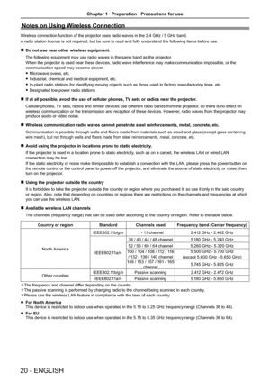 Page 20Notes on Using Wireless Connection
Wireless connection function of the projector uses radio waves in the 2.4 GHz / 5 GHz band.
A radio station license is not required, but be sure to read and fully un\
derstand the following items before use.
 rDo not use near other wireless equipment.
The following equipment may use radio waves in the same band as the proj\
ector.
When the projector is used near these devices, radio wave interference may make communication impossible, or the 
communication speed may...